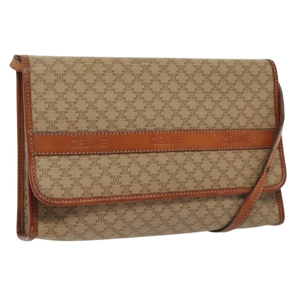 Authentic CELINE Macadam Canvas Shoulder Bag PVC Beige Gold